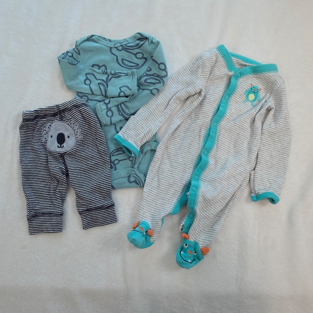 Carter's 3pc Set Baby Boy NB Blue Excellent Car Monster Koala Sleeper Bodysuit
